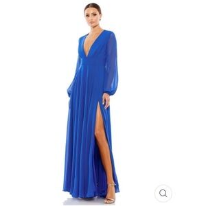 IEENA for Mac Duggal V-Neck Illusion Long Sleeve Chiffon Gown